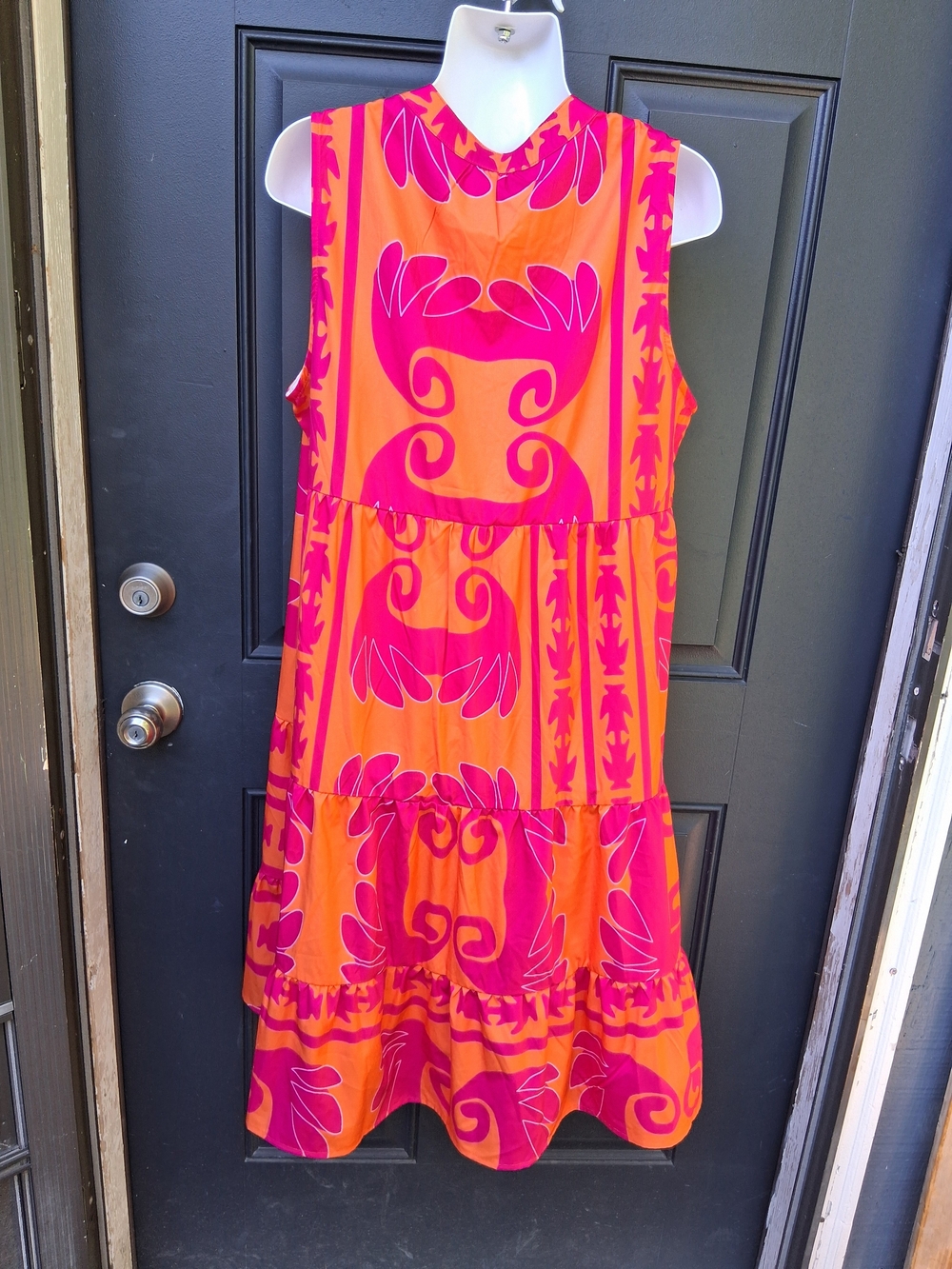 Sleeveless Orange and Pink Button-Front Midi Dress - Picture 5 of 7